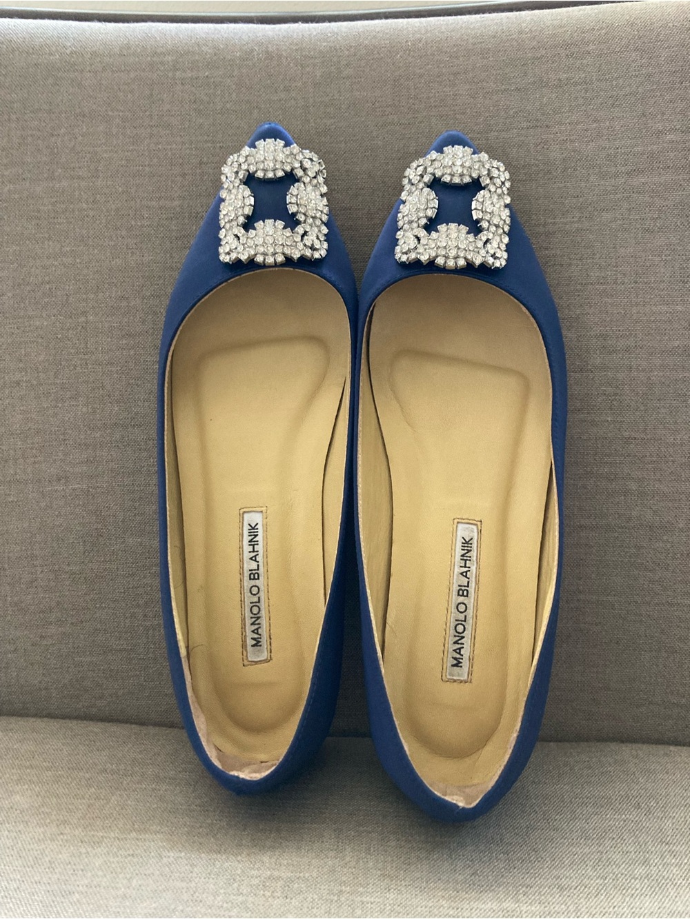 Manolo Blahnik Cobalt Blue Satin Flats with Crystal Buckle